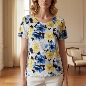 JM Collection Women's Jacquard Floral Print Top Blue Small Short Sleeve Ladies